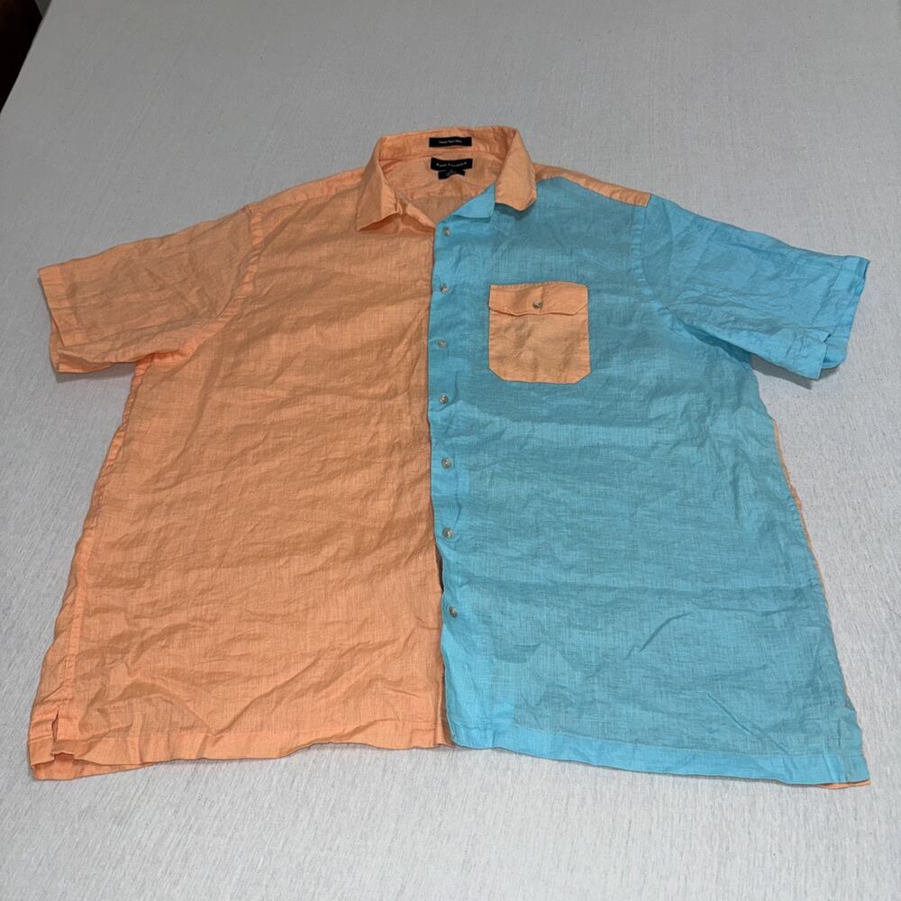Paul Fredrick Men Shirt 3XL Orange Blue Color Block 100% Linen Short Sleeve EUC